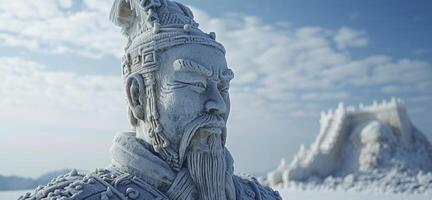 AI generated Icy Guardians, Terracotta Warriors Sculpted in Ice, Standing Majestic in a Snowy Landscape photo