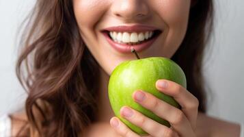 ai generado sonriente mujer con sano blanco dientes sostiene anverde manzana foto