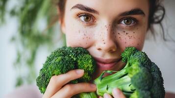 AI Generated Close up portrait of young attractive woman with fresh broccoli in hands. Healthy food concept photo