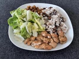 Homemade grilled chicken with grilled chopped eggplant, green salad, and rice Pilaf with mushrooms photo