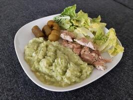 Homemade grilled chicken with zucchini stew, green salad and cucumber pickles served on a white plate photo