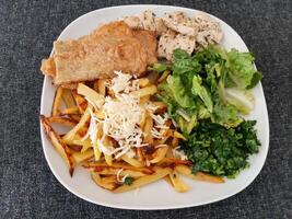 Homemade grilled chicken with grilled zucchini, green salad, french fries, cheese and parsley photo