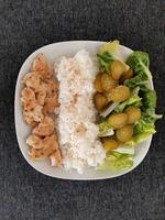 Homemade grilled chicken with green salad, rice pilaf and cucumber pickles served on a white plate photo