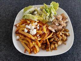 Homemade grilled chicken with french fries, grilled chopped eggplant and green salad, served on a white plate photo