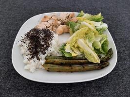 Homemade grilled chicken with rice and grilled asparagus, served on a white plate. Brocolli seeds on top of the rice photo