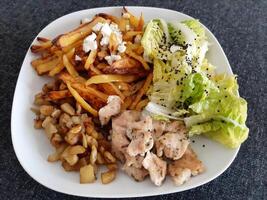 Homemade grilled chicken with french fries, grilled chopped eggplant and green salad, served on a white plate photo