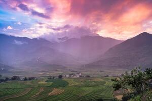 Viewpoint rice field terraced and mountain at colorful sunset in Tule photo