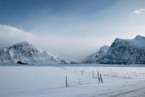 Scenery of snow mountain range with overcast sky in winter photo