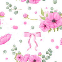 Seamless pattern featuring watercolor flower motifs. anemones, silk ribbons, eucalyptus leaves, and glittering rhinestones. for backdrop designs, wallpapers, textile patterns, DIY crafts png