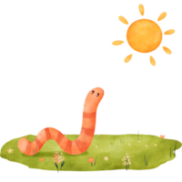 watercolor composition a worm on a green meadow gazing at the sun. This spring-themed, child-friendly illustration is for your designs, creating a delightful atmosphere of the season png