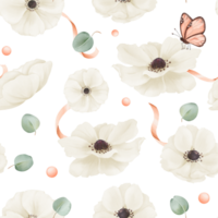Seamless pattern featuring white watercolor anemones, eucalyptus leaves, satin ribbons, and rhinestones. textiles, web design, printed materials, greeting cards, wallpapers, gift packaging png