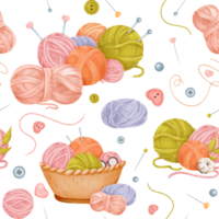 en sömlös hantverkstema mönster garn skeins i en vävd korg, bomull blommor, färgrik knappar, sömnad nålar med trådar, och stickning nålar. vattenfärg barn illustration png