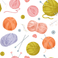 A seamless crafting-themed pattern featuring yarn skeins, colorful buttons, sewing needles with threads, and knitting needles. watercolor for textile design crafting projects png