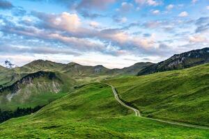 Landscape of green hill of swiss alps with trail path and blue sky at Switzerland photo