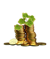 AI generated illustration of stack of gold coin with clover leaves ai generated png