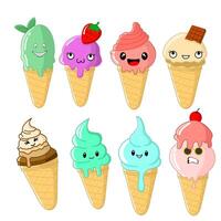 collection of cute ice cream illustrations in various colors, flat design style on a white background vector