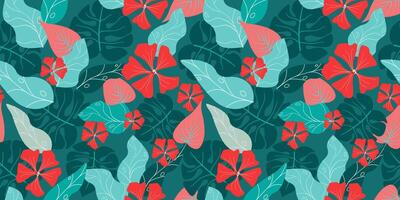 Seamless pattern with exotic flowers, leaves, monstera, abstract shapes. Vector graphics.