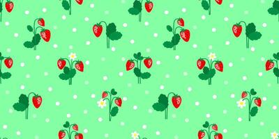 Seamless pattern with strawberries with leaves and flowers. Summer berries on a background of abstract dots. Vector graphics.