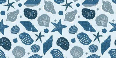 Seamless pattern with shells of different shapes, starfish, pearls. Marine abstract print. Vector graphics.