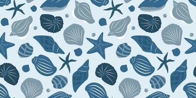 Seamless pattern with shells of different shapes, starfish, pearls. Marine abstract print. Vector graphics.