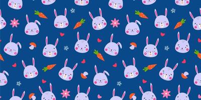 Seamless pattern with cute rabbits. Funny bunnies on a background of flowers, mushrooms, carrots. Vector graphics.