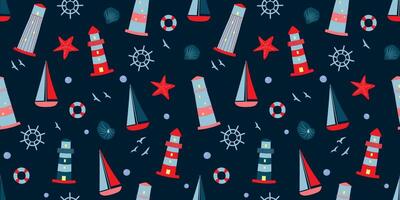 Seamless pattern with sailing boats, lighthouses, steering wheel, lifebuoys, starfish. Vector graphics.