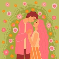 San Valentín día tarjeta con hermosa contento Pareja de joven mujer y hombre abrazando en Beso en un arbusto con flores romántico ilustración de personas Fechado y en amor vector