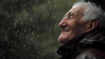 ai generado lado ver retrato de un sonriente mayor blanco masculino empapado en el torrencial lluvia, generativo ai, antecedentes imagen foto