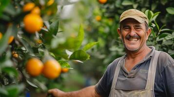 ai generado retrato de un sonriente naranja granjero trabajando en su naranja huerta, generativo ai, antecedentes imagen foto