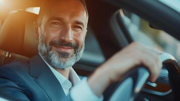 ai generado frente ver retrato de un contento blanco empresario conducción un lujo auto, generativo ai foto