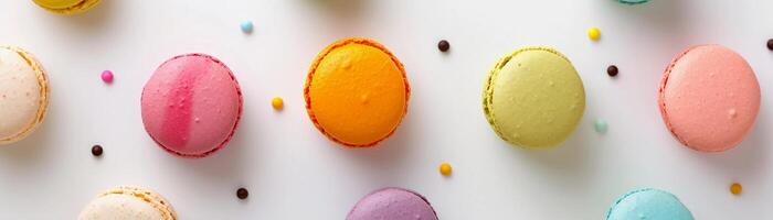 AI generated Assorted Macarons, arrangement of colorful macarons on a clean white background, background image, generative AI photo