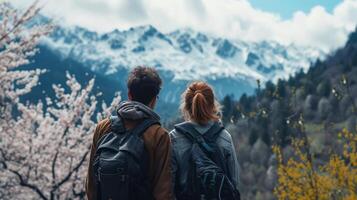 ai generado posterior ver retrato de un contento Pareja con un primavera ver en el montañas como un fondo, generativo ai, antecedentes imagen foto