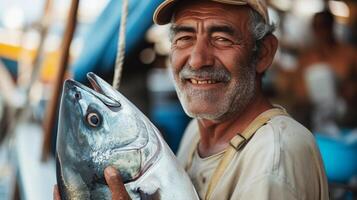 ai generado retrato de un sonriente pescador participación un grande atrapado pescado en un bote, generativo ai, antecedentes imagen foto