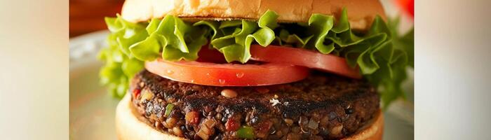AI generated Vegetarian Burger, vegetarian burger patty made from black beans or lentils, background image, generative AI photo