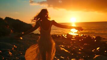 AI generated Back view silhouette portrait of a dancing woman against the background of the sunset on the rocks, generative AI, background image photo