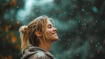 ai generado lado ver retrato de un sonriente joven rubia blanco mujer empapado en el torrencial lluvia, generativo ai, antecedentes imagen foto