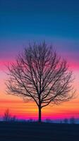 ai generado silueta de un solitario árbol o un grupo de arboles en contra el vibrante matices de un puesta de sol cielo, antecedentes imagen, generativo ai foto