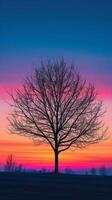 AI generated Silhouette of a lone tree or a group of trees against the vibrant hues of a sunset sky, background image, generative AI photo