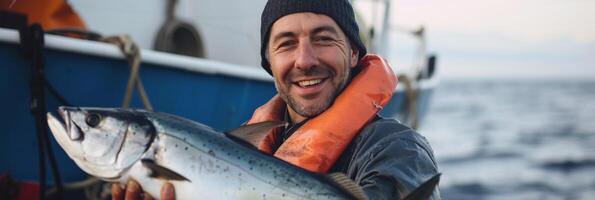 ai generado retrato de un sonriente pescador participación un grande atrapado pescado en un bote, generativo ai, antecedentes imagen foto