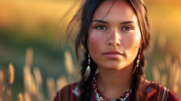 ai generado retrato de un nativo americano siux indio mujer en contra naturaleza fondo, antecedentes imagen, generativo ai foto