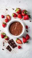 AI generated Chocolate Fondue, bowl of rich and velvety chocolate fondue surrounded by an assortment of dipping fruits and treats, background image, generative AI photo