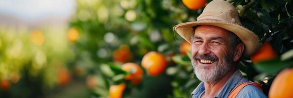 AI generated Portrait of a smiling orange farmer working in his orange orchard, generative AI, background image photo