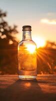 ai generado retrato de un vacío botella en contra puesta de sol fondo, antecedentes imagen, generativo ai foto