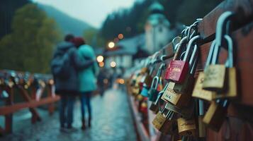 ai generado parejas colocación amor Cerraduras en un pintoresco puente, San Valentín día vibras, antecedentes imagen, generativo ai foto