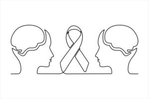 Continuous one line drawing of charity badge ribbon and human heads Vector illustration concept.