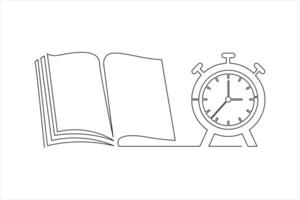 Continuous single line drawing of open book and alarm clock. world book day concept one line draw design vector illustration