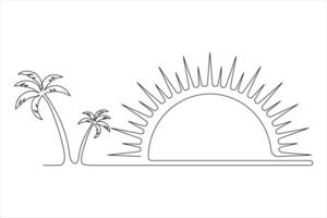 continuous One line drawing of beautiful sunset scenery. single line art of palm tree and birds Isolated on vector illustration design.