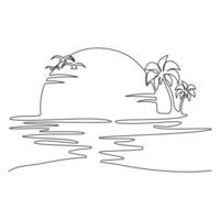 continuous One line drawing of beautiful sunset scenery. single line art of palm tree and birds Isolated on vector illustration design.