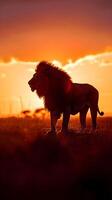 AI generated Silhouette portrait of a walking Lion against the background of the sunset on the savannah, generative AI, background image photo