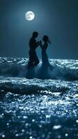 AI generated A couple gracefully dancing on the moonlit beach, their silhouettes cast against the shimmering waves, valentines day vibes, background image, generative AI photo